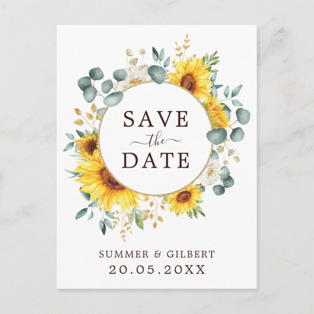 Postal De Anuncios Verde de girasoles de verano elegante, guarde la f (Anverso)