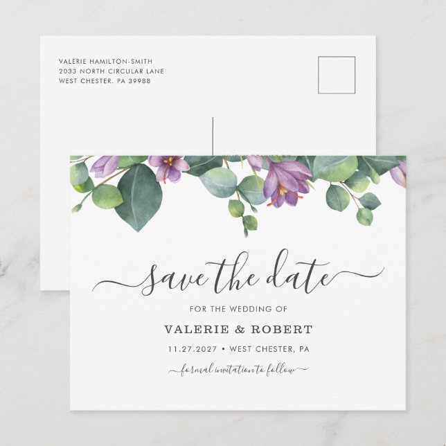 Postal De Anuncios Verde floral de eucalipto morado Save The Date (Anverso / Reverso)