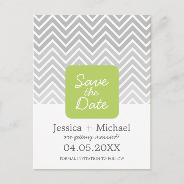 Postal De Anuncios Verde Gris Ombre Chevron Boda Guardar La Fecha Anu (Anverso)