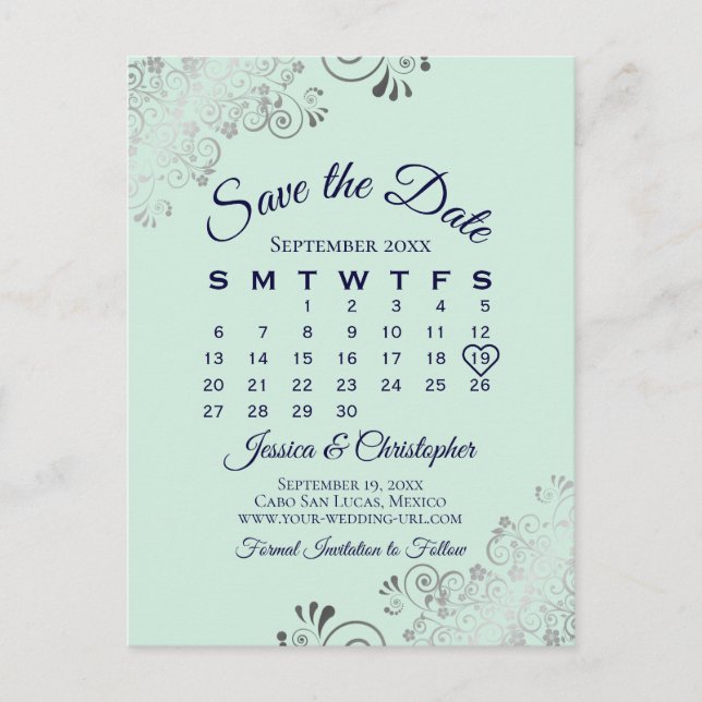 Postal De Anuncios Verde Menta y Azul Marino Calendario de Reserva de (Anverso)