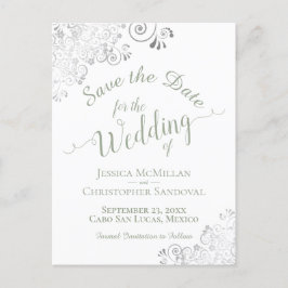 Postal De Anuncios Verde Salvia sobre Ahorro de Boda de Encaje Blanco