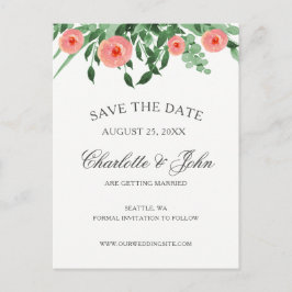 Postal De Anuncios Verdor Flores Peach Boda guardar las fechas