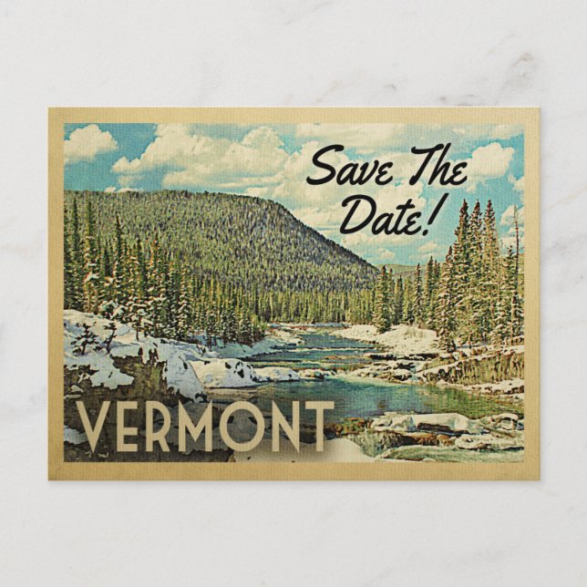 Postal De Anuncios Vermont Reserva la Fecha Montañas Río Nieve (Anverso)