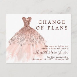 Postal De Anuncios Vestido de Rosa Dorado Cumpleaños Dulces 16 Cambia