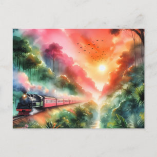 Postal De Anuncios Viaje en tren al atardecer tropical acuarela