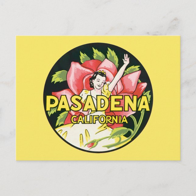 Postal De Anuncios Viajes Antiguos, Pasadena California, Dama y Rosa (Anverso)