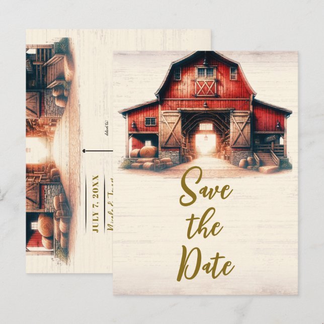 Postal De Anuncios Vieja boda rústica de granjas rojas salva la fecha (Anverso / Reverso)