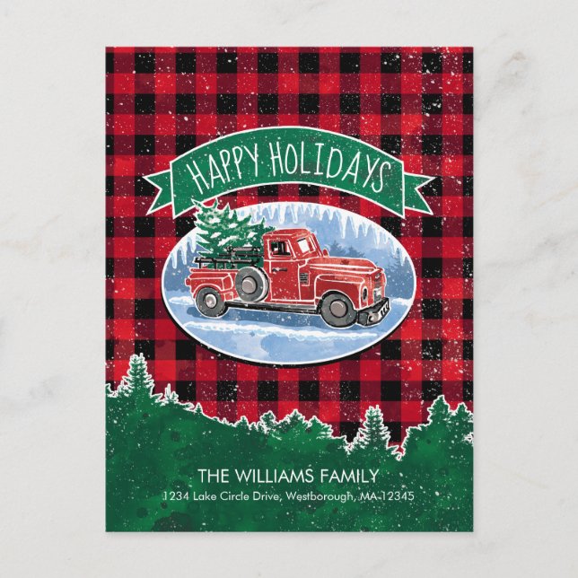 Postal De Anuncios Viejo viaje navideño en camión rojo (Anverso)