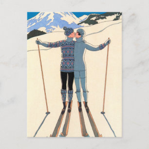 Postal De Anuncios Vintage Art Deco Love Kiss Skis Save the Date!