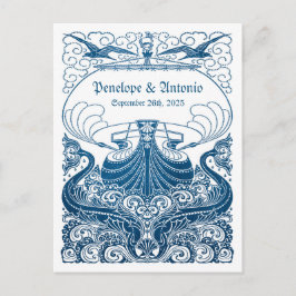 Postal De Anuncios Vintage Boda de Relieve metalizado Azul Náutico Gu