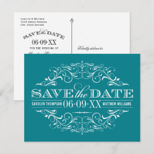Postal De Anuncios Vintage Boda Verde azulada Azul Flourish Save the 