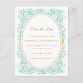 Postal De Anuncios Vintage Ornate Blue & Gold Save the Date