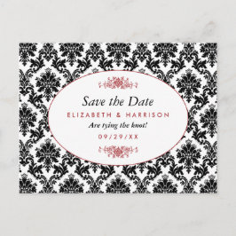 Postal De Anuncios Vintage Rojo, Negro y Blanco Damask Save The Date