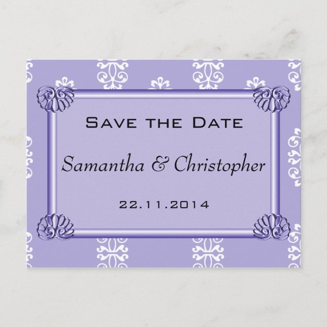 Postal De Anuncios Violet Azul Damask Boda Save the Date (Anverso)