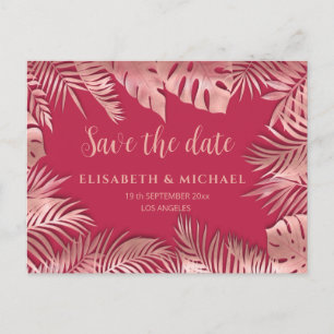 Postal De Anuncios Viva magenta rosa hojas tropicales doradas románti