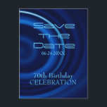 Postal De Anuncios Vortex 70th Birthday Save the Date Postcard<br><div class="desc">Resumen de arte digital con una espiral azul. Diseño en postal vertical con texto para un 70 cumpleaños moderno Guardar la fecha. Invitación cuadrada de cumpleaños,  libro de invitados (cubierta dura,  bloc de notas en espiral y encuadernador),  suministros para fiestas y más... </div>