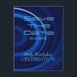 Postal De Anuncios Vortex 80th Birthday Save the Date Postcard<br><div class="desc">Resumen de arte digital con una espiral azul. Diseño en postal vertical con texto para un 80 cumpleaños moderno Guardar la fecha. Invitación cuadrada de cumpleaños,  libro de invitados (cubierta dura,  bloc de notas en espiral y encuadernador),  suministros para fiestas y más... </div>