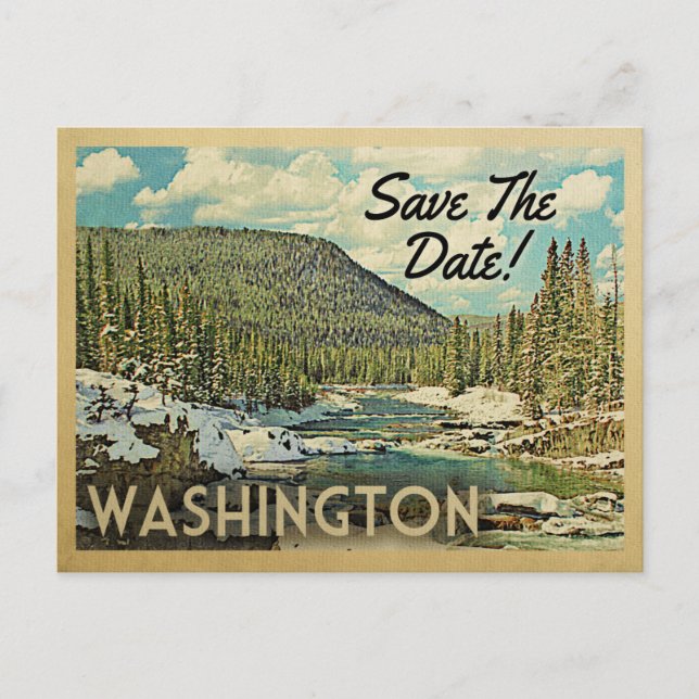 Postal De Anuncios Washington Reservar la Fecha Montañas Río Nieve (Anverso)