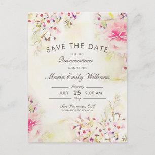 Postal De Anuncios Watercolor Boho Floral Qinceanera Guardar La Fecha