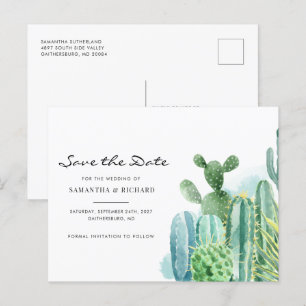 Postal De Anuncios Watercolor Cacti Boda Botánica Guardar la fecha