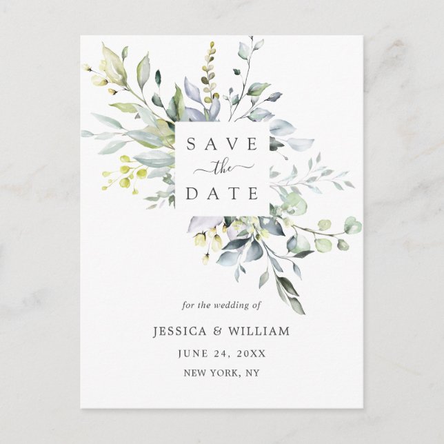 Postal De Anuncios Watercolor Eucalyptus Wedding Save the Date (Anverso)
