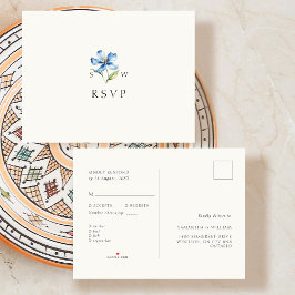 Postal De Anuncios Watercolor Flor azul Boda Respuesta RSVP