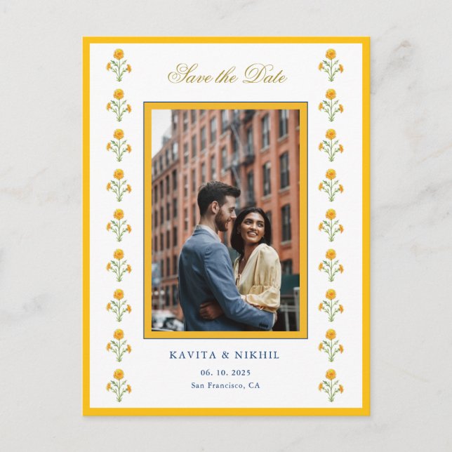Postal De Anuncios Watercolor marigold Photo Save the Date (Anverso)