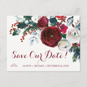 Postal De Anuncios Watercolor rojo peonatos de boda invierno fecha de