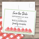 Postal De Anuncios Watermelon Family Reunion Save The Date<br><div class="desc">This Family Reunion Save The Date postcard is decorated with watercolor watermelons.
Easily customizable.
Use the Design Tool to change the text size,  style,  or color.
Because we create our artwork you won't find this exact image from other designers.
Original Watercolor © Michele Davies.</div>