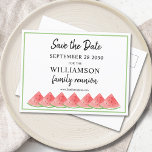 Postal De Anuncios Watermelon Family Reunion Save The Date<br><div class="desc">This Family Reunion Save The Date postcard is decorated with watercolor watermelons.
Easily customizable.
Use the Design Tool to change the text size,  style,  or color.
Because we create our artwork you won't find this exact image from other designers.
Original Watercolor © Michele Davies.</div>