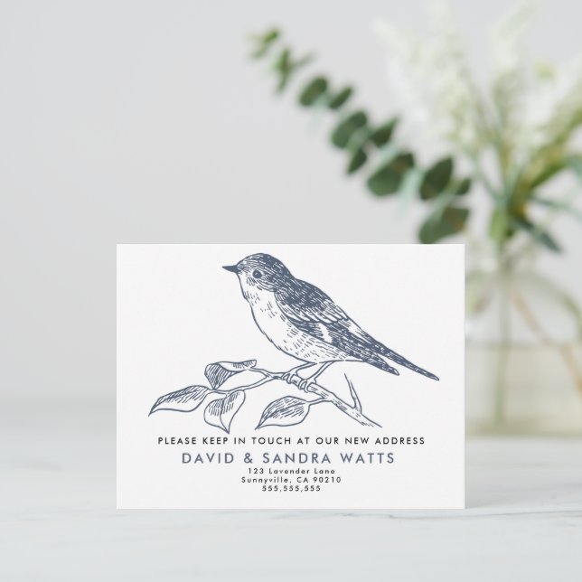 Postal De Anuncios We’ve Moved Postcard – Elegant Bird Illustration (Anverso de pie)