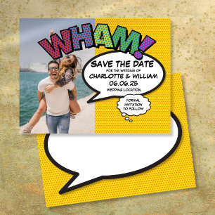 Postal De Anuncios WHAM Foto Guardar Fecha Divertido Cómic Moderno