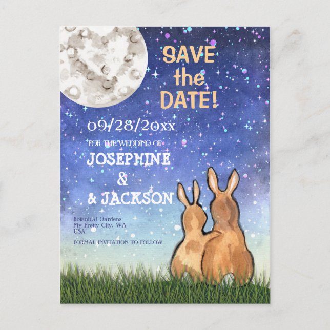 Postal De Anuncios Whimsical Blue Bunny Rabbit Moon Stars Boda (Anverso)