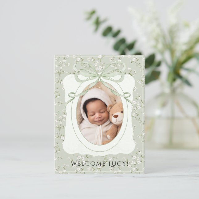 Postal De Anuncios Whimsical Floral Photo Baby Birth (Anverso de pie)