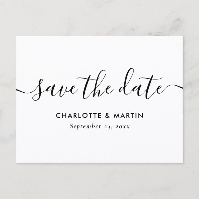 Postal De Anuncios White Modern Script Wedding Save The Date Postcard (Anverso)