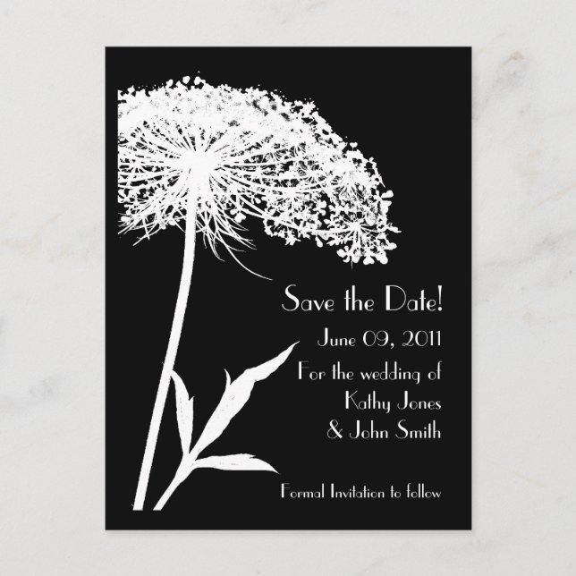 Postal De Anuncios White on Black Floral Save the Date Postcard (Anverso)