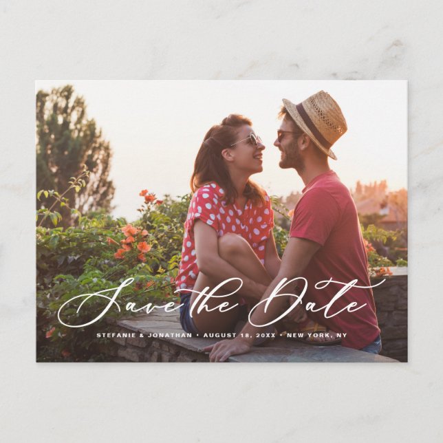 Postal De Anuncios White Whimsical Calligraphy Photo Save the Date (Anverso)