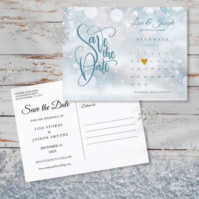 Postal De Anuncios Winter Calendar Gold Heart Save the Date (Subido por el creador)