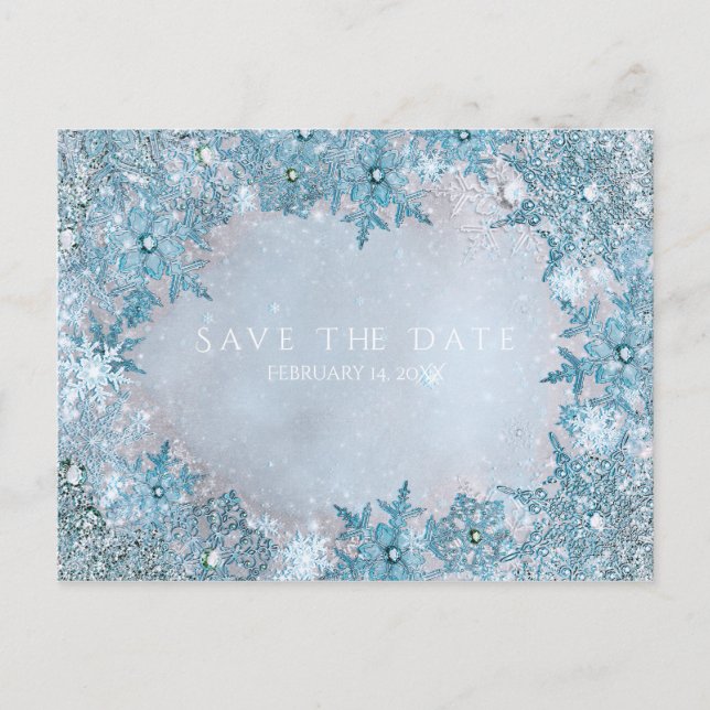 Postal De Anuncios Winter Wonderland Snowflakes Blue Save the Date (Anverso)