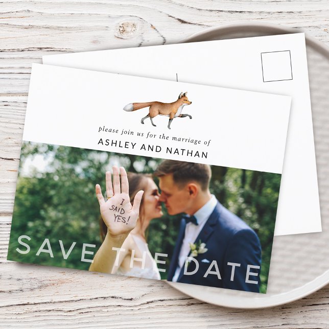 Postal De Anuncios Woodland Fox Wedding Save The Date Photo (Woodland Fox Wedding Save The Date Photo Announcement Postcard)