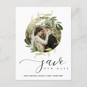 POSTAL DE ANUNCIOS WREATED FOLIAGE VERDE GOLD SAVE THE DATE FOTO