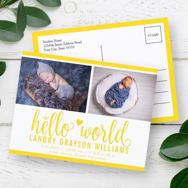 Postal De Anuncios Yellow Hello World Photo Birth Stat (Subido por el creador)