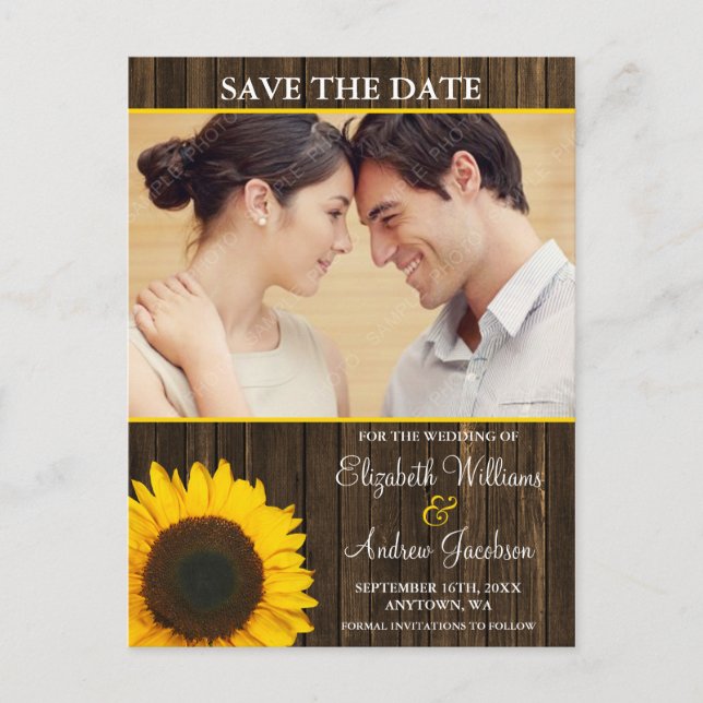 Postal De Anuncios Yellow Sunflower Barn Wood Photo Save the Date (Anverso)