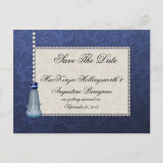 Postal De Anuncios Zafiros Diamantes Borla Azul en Damask Salvar (Anverso)