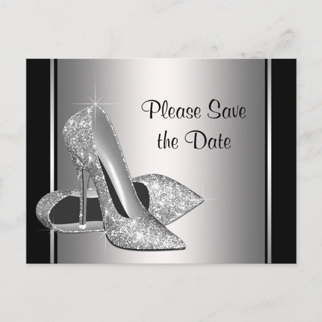 Postal De Anuncios Zapatos de tacón alto plateado Save The Date (Anverso)