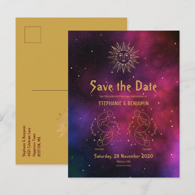 Postal De Anuncios Zodiac Borgoña Oro Géminis/Géminis celestial (Anverso / Reverso)