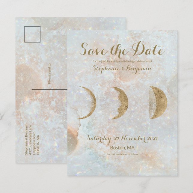 Postal De Anuncios Zodiac Luna Ice Azul Celestial Oro Salva la Fecha (Anverso / Reverso)