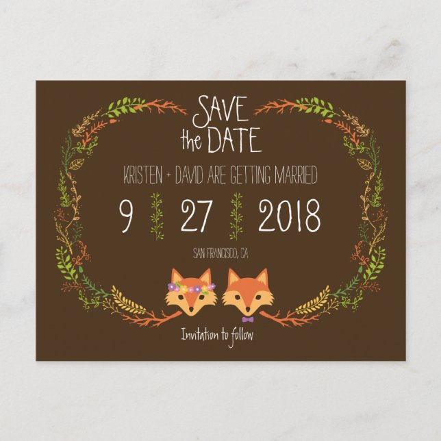 Postal De Anuncios Zorros caprichosos del bosque boda Guardar la fech (Anverso)