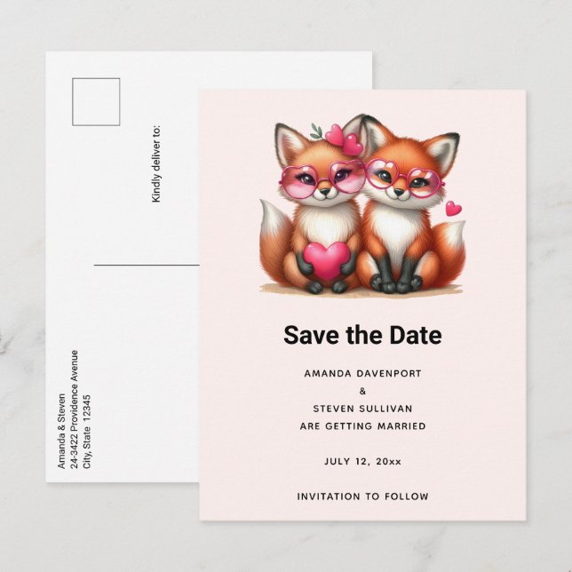 Postal De Anuncios Zorros Naranjas Adorables en Boda de Amor (Anverso / Reverso)