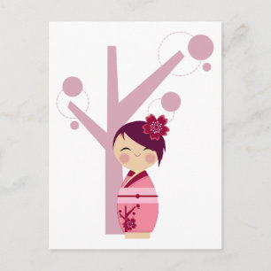 Postal de árbol de cerezos y sakura de Kokeshi
